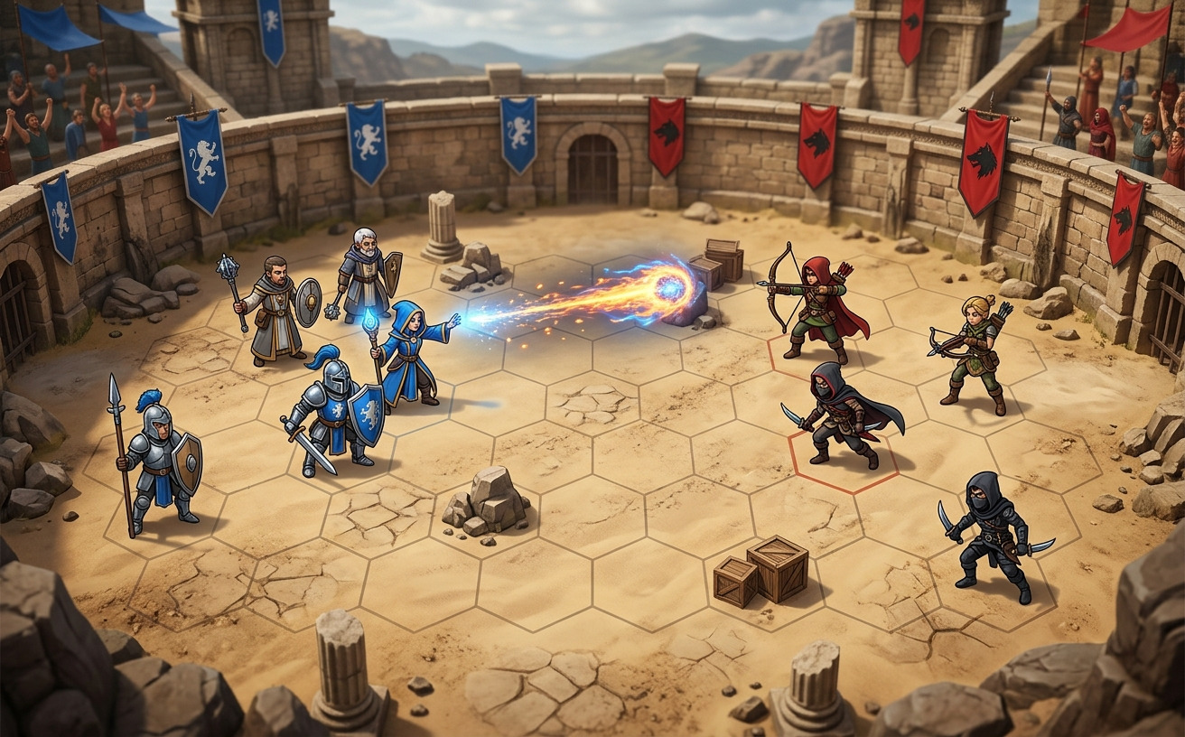 Two squads fighting on the hex field of the arena