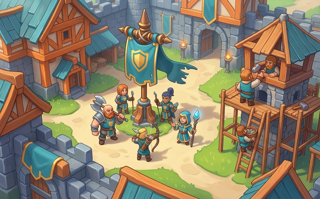 A clan gathers in the castle courtyard under its banner