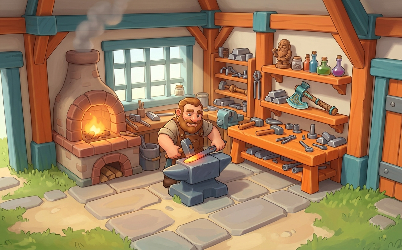 A dwarf blacksmith at the anvil in a workshop